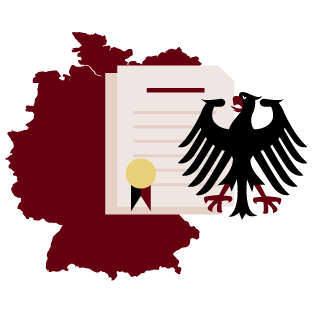 Icon Collage: Bundesadler im rechten Vordergrund mit Zertifikat und der Deutschlandkontur im Hintergrund