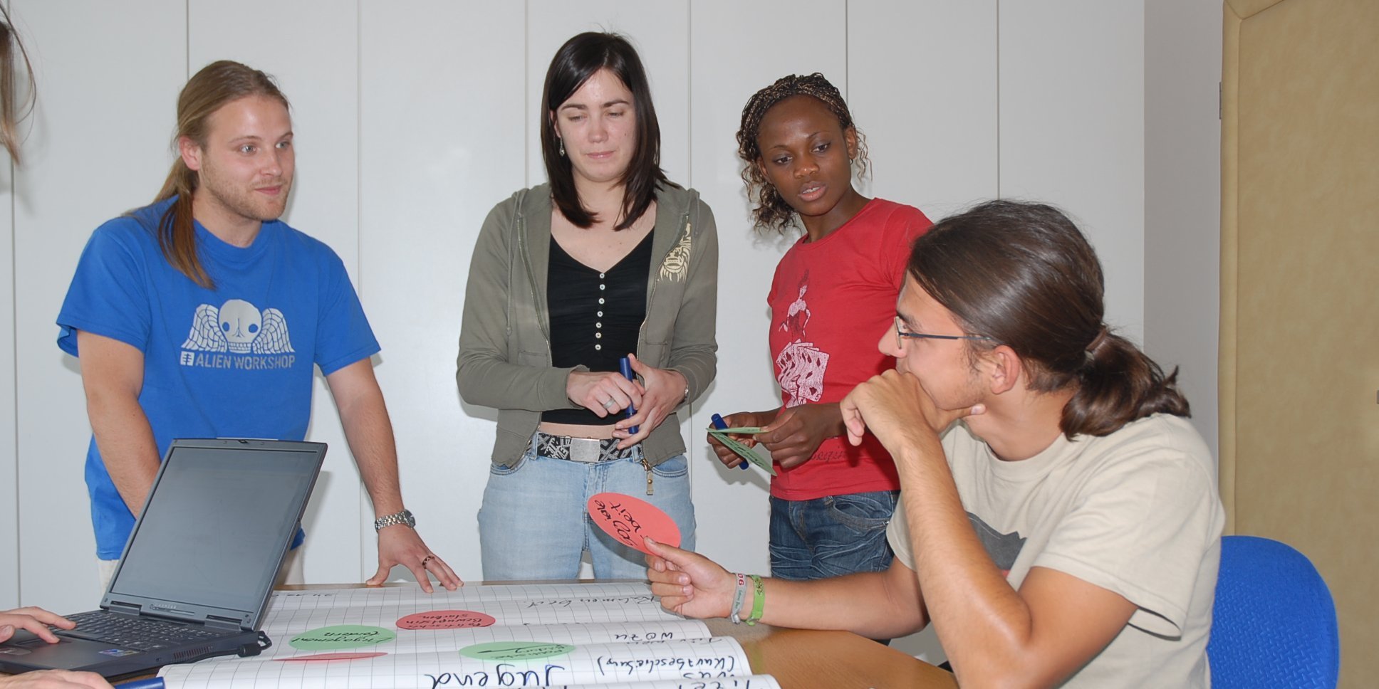 Group of people with laptop, flipchart paper and moderation cards